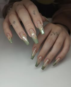 Green Dainty Nails, Nude Nails With Green Design, Green And Gold Nails Coffin, Light Green Nails Coffin, Green And Nude Nail Designs, Dark Green And Brown Nails, Sage Green Coffin Nails, Green Ballerina Nails, Jade And Gold Nails