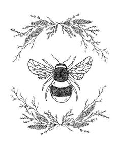 a black and white drawing of a bee surrounded by plants