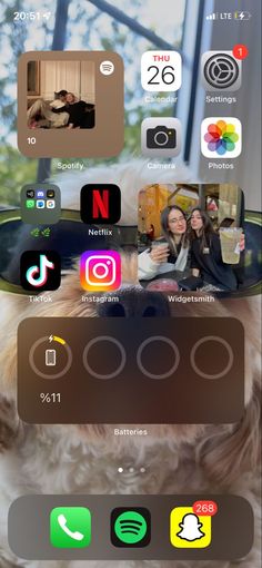 an iphone screen with several different icons on the phone and in front of it is a dog's head