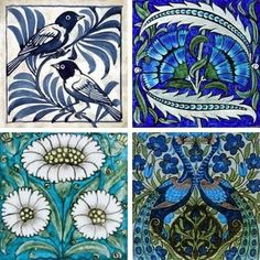 four different designs are shown in blue and green colors, each with a bird on it