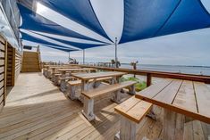 picnic tables are lined up on the deck