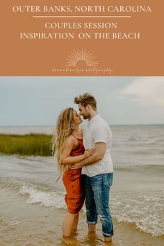 a man and woman standing in the ocean with text overlay that reads outer banks, north carolina couples session inspiration on the beach