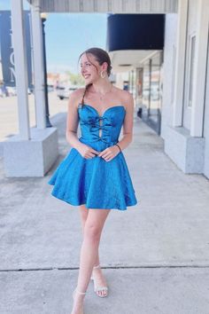 Strapless Blue A-line Short Homecoming Dress with Bow Strapless A-line Dress For Gala And Prom Season, A-line Corset Dress For Gala And Prom Season, A-line Corset Dress For Gala During Prom Season, Strapless Prom Dress With Bow Tie Back, Party A-line Fit And Flare Strapless Dress, Strapless Dress With Bow Tie Back For Gala, Party Dress With Sweetheart Neckline And Bow Tie Back, Glamorous Strapless Dress With Bow Tie Back, Sweetheart Neckline Dress With Bow Tie Back For Party