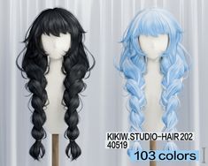 two wigs with long, wavy hair are shown in three different colors and sizes