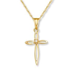 This open-design 14K yellow gold cross features a gleaming diamond at the center. The 18-inch rope necklace fastens with a spring ring clasp. Cross Necklace Women, Gold Stock, Jewelry Advice, Jared The Galleria Of Jewelry, Gold Cross Necklace, Gold Cross Pendant, Necklace Diamond, Gold Necklace Women, Cross Jewelry