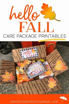 the hello fall care package printables are packed in boxes and ready to be delivered