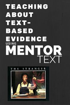 a book cover with the title teaching about text based evidence using mentor text, and an image of a man working on a computer