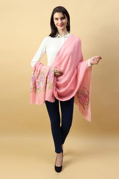 Pink pashmina shawl with thread handwoven motifs in lotus garden pattern and frayed hems.
Type: Woven
Composition: 100% Pashmina
Color: Pink
Other Details: 
Dimensions: L x W (in cms): 200 x 70
Product weight (in gms): 250
Note: Only the pink shawl worn by the model is being sold
 - Aza Fashions Handloom Pashmina Shawl For Weddings, Festive Chikankari Embroidery Scarves, Traditional Pashmina Shawl For Spring, Handloom Pashmina Shawl For Eid, Traditional Drape Pashmina Silk Scarf, Traditional Shawl Dupatta For Spring, Traditional Wedding Shawl For Spring, Spring Traditional Pashmina Shawl, Handloom Shawl For Eid