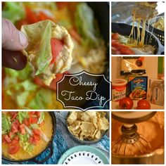 a collage of photos showing different types of taco dips and other foods