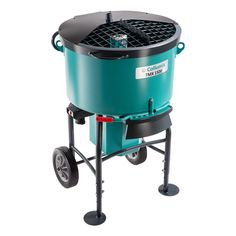 a blue portable smoker with wheels on white background