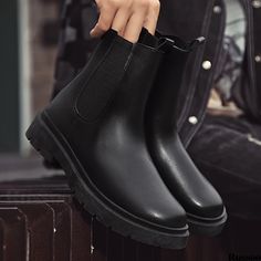 Russoo - Stylish Mens Chelsea Boots: Waterproof, Anti-Skid High-Top Slip-Ons with PU Leather Uppers, Ideal for Outdoor Wear Casual Winter Waterproof Chelsea Boots, Casual Winter Outdoor Chelsea Boots, Black Waterproof Chelsea Boots For Outdoor, Waterproof Black Chelsea Boots For Outdoor, Casual Waterproof Black Chelsea Boots, Casual Black Waterproof Chelsea Boots, Mens Chelsea Boots, Pu Boots, Boots Waterproof