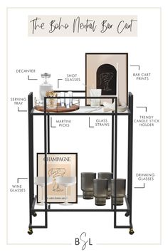 a black metal bar cart with labels and pictures on the front, labeled in english