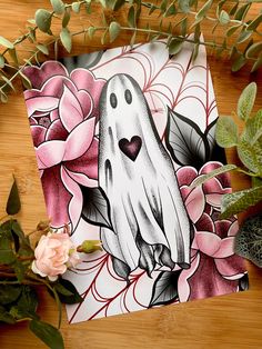 a halloween card with a ghost on it and flowers in the background, surrounded by greenery