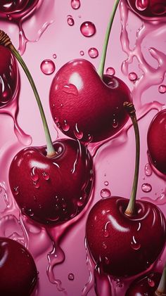 three cherries with water droplets on them