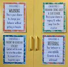 three bulletin boards with different sayings attached to the front of a yellow locker door