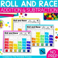 roll and race addition and subtraction game with dices on the side,