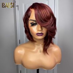 hairbs BOB Wig BAISI Sexy Side Part With Wavy With Red Short Wig Red Short Human Hair Wigs, Red Short Wig, 10inch Bob Wig, 10inch Bob, Lace Wigs Styles, Black Women Short Hairstyles, Weave Hairstyles Braided, Unice Hair, Wig Shop