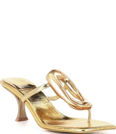 From Jeffrey Campbell&#x2C; the Linq Leather Gold Hardware Thong Sandals feature:leather upperSlip-on closureFabric liningSynthetic soleApprox. 3" heel heightImported. Small Heels, Gold Shoes, Dress Sandals, Casual Sandals, Dillard's, Thong Sandals, Jeffrey Campbell, Shoe Brands, Women's Shoes Sandals