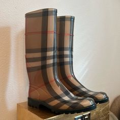 Never Worn, Shearling Inside, Perfect Condition Designer Brown Boots With Round Toe, Burberry Classic, Cute Nike Shoes, Cute Nikes, Burberry Shoes, Black Tan, Black And Tan, Rubber Rain Boots, Rain Boots