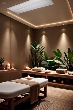 a spa room filled with lots of candles and plants