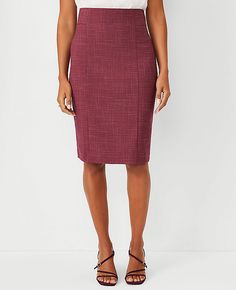 Our all-season cross weave fabric features a textured effect, created by sets of parallel and vertical threads crossing each other. Topped with a flattering high waist, our seamed pencil skirt styles a streamlined silhouette. Hidden back zipper with hook-and-eye closure. Back vent. Lined. Shop all Cross Weave Suiting,Fabrication:68% Polyester, 30% Rayon, 2% Spandex,Garment Care:Machine Washable The Petite High Waist Seamed Pencil Skirt in Cross Weave - Curvy Fit by Ann Taylor Size petite - 00 Pl Pencil Skirt Styles, Skirt Styles, Pencil Skirt Outfits, High Waisted Pencil Skirt, Weave Fabric, Suede Sandals, The High, Business Fashion, Strappy Sandals