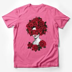 Step out in style with this eye-catching rose head floral art t-shirt, perfect for anyone who loves unique botanical designs. This stylish tee features a striking image of a woman enveloped in vibrant red roses, symbolizing beauty and nature's allure. Not just an ordinary shirt, this piece is a statement for those who appreciate art and the elegance of florals. Made with comfortable and durable materials, it's ideal for casual outings or as a thoughtful gift for gardeners and flower enthusiasts. Spring Rose Print Short Sleeve T-shirt, Pink Rose Print Crew Neck T-shirt, Pink Rose Print T-shirt For Summer, Funny Adult Shirts, Unique Flower, Funny Graphic Tees, Unique Flowers, Fashion Top, Casual Summer Shirts