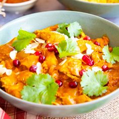 two bowls filled with food and garnished with cilantro, pomegranates