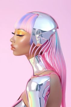 a futuristic woman with pink hair and silver skin