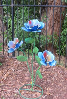 three blue flowers are placed in front of a fence and some leaves on the ground