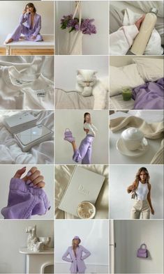 a collage of photos showing different items in white and lavender colors, including clothing