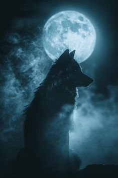 a wolf standing in front of a full moon on a dark night with clouds and fog