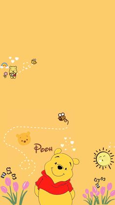 winnie the pooh wallpaper with flowers and bees flying around in the sky above