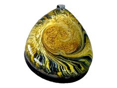 a yellow and black swirl glass pendant on a white backgrounge background with space in the center