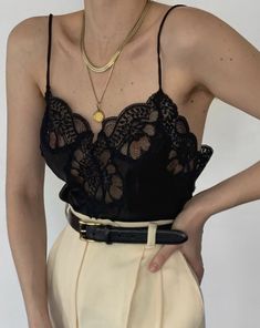 Deux Birds, Satin Camisole, Top Jeans, Fashion Design Clothes, Scalloped Lace, Fashion Fits, Fashion Lookbook, Outfits Casual, Looks Style