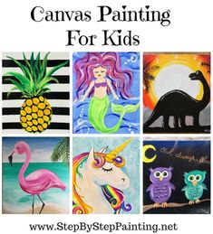 the cover of canvas painting for kids with pictures of animals, birds and pineapples