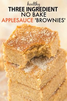 three ingredient no bake applesauce brownies stacked on top of each other