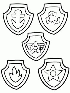 four different shields with symbols on them