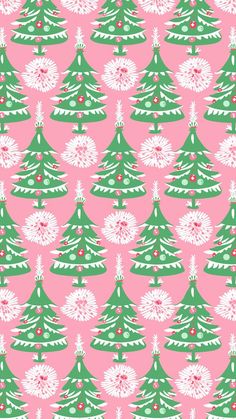 a pink background with green and white christmas trees