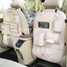 the interior of a car with hello kitty decorations