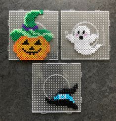 three pieces of perler bead art with pumpkins, ghost and jack - o'- lantern