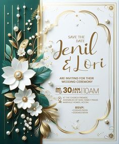 an elegant wedding card with flowers and pearls on the front, in gold and green