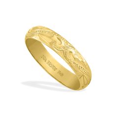 75165 - 14K Yellow Gold - 4mm Hawaiian Heirloom TSC Scroll-Around Ring Gold Engraved Ring With Thick Band For Promise, Gold Engraved Thick Band Ring For Promise, Yellow Gold Engraved Ring With Thick Band For Promise, Traditional Etched Yellow Gold Engraved Ring, Gold Engraved Wide Band Ring For Promise, Traditional Yellow Gold Engraved Ring, Gold Wide Band Engraved Promise Ring, Yellow Gold Rings With Decorative Thick Band, Yellow Gold Engraved Ring With Decorative Band For Promise