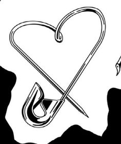 a black and white drawing of a heart with two swords sticking out of it's side