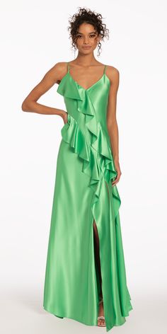 Camille La Vie Satin Ruffle Front Slip Dress with Side Slit missy / 0 / green Kelly Green Dress, Ceremony Outfit, Kelly Green Dresses, Rhinestone Handbags, Senior Prom Dresses, Silver High Heels, Senior Prom, Gowns Online, Bridesmaids Dresses