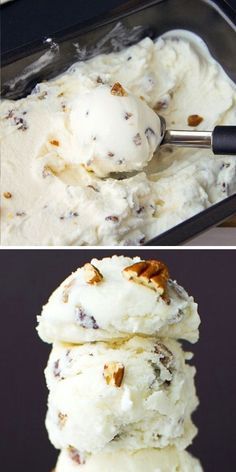 ice cream with walnuts and pecans in a glass dish, before and after being made