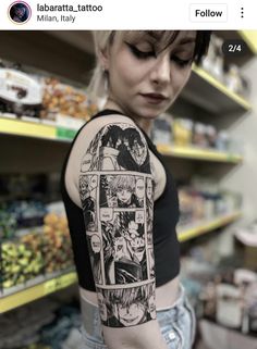 a woman with a tattoo on her arm in front of shelves filled with food and drinks