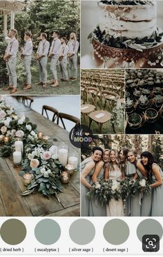 a collage of photos with different colors and wedding details, including candles, flowers, greenery, and cake