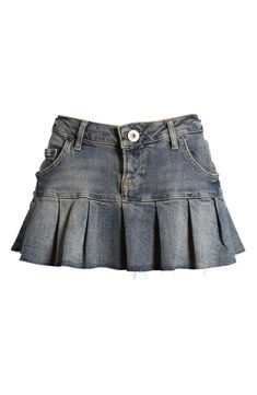 Draw inspiration from the micromini silhouettes of Y2K in this flirty denim skirt meant to be worn low on the waist and finished with a pleated raw-edge hem. 10" center front length; 12" back length (size Large) Exclusive retailer Zip fly with button closure 65% cotton, 35 linen Machine wash, line dry Made in Turkey Denim Skirt Rhinestones, Denim Skirt With Lace Trim, Bedazzled Jean Skirt, Individual Clothing Pieces, Vintage Pieces Clothes, Cute Jean Skirts, Denim Micro Skirt, 90s Bottoms, Flowy Denim Skirt