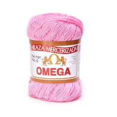 a pink ball of yarn with the word omega on it in gold and white