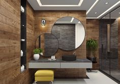 a modern bathroom with wood paneling and round mirrors